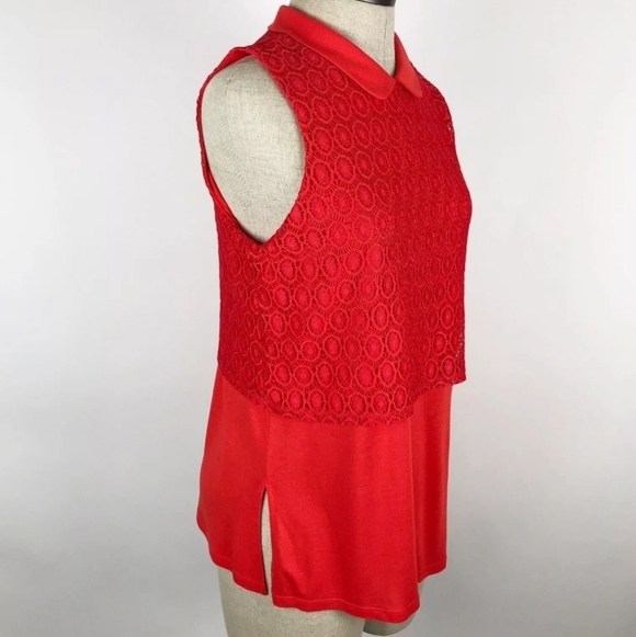 ELLE Orange Collared Lace Overlay Sleeveless Collared Blouse Size M - Picture 10 of 10